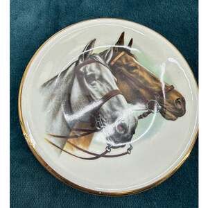 Vintage EDCO England Horse Trinket Dish Equestrian Porcelain Ring Tray Gold